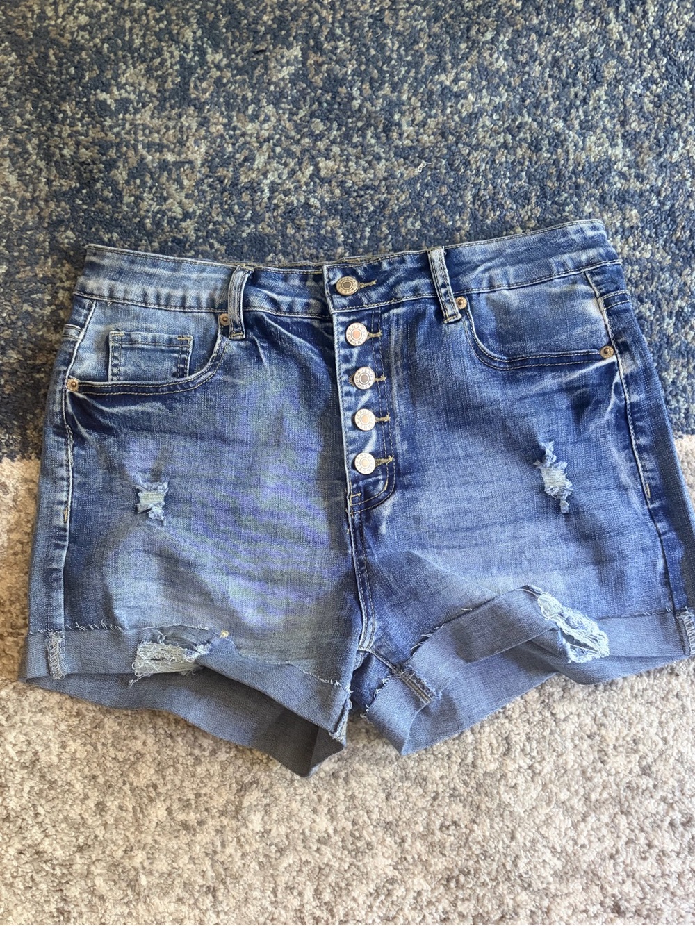 Button-Front Distressed Mid-Blue Denim Shorts